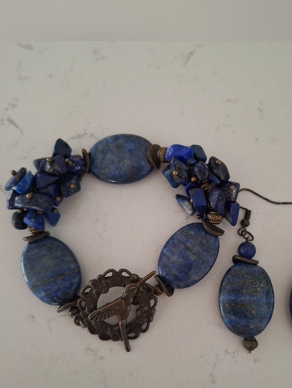 2-Pc Handcrafted Lapis Lazuli Hummingbird Charm Bracelet & Earrings Set - EUC